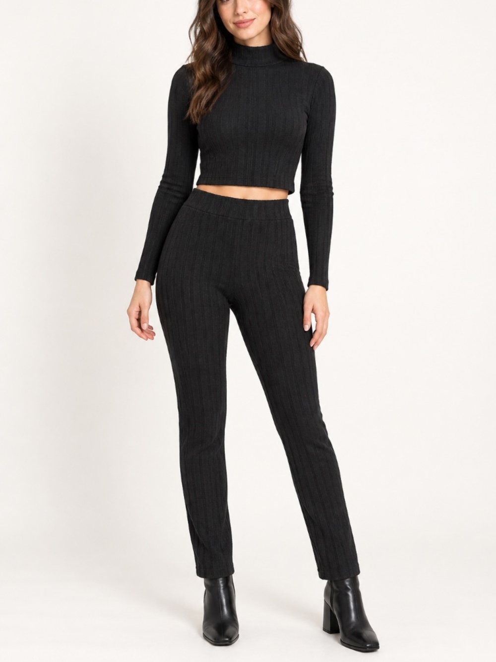 WinWin Black Ribbed Mock-Neck Crop Top & Pants Two-Piece Set - NWOT
